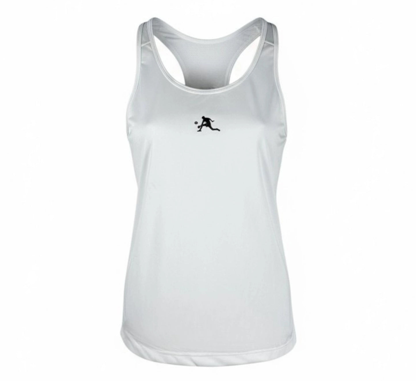 White tank top with a black logo on a white background