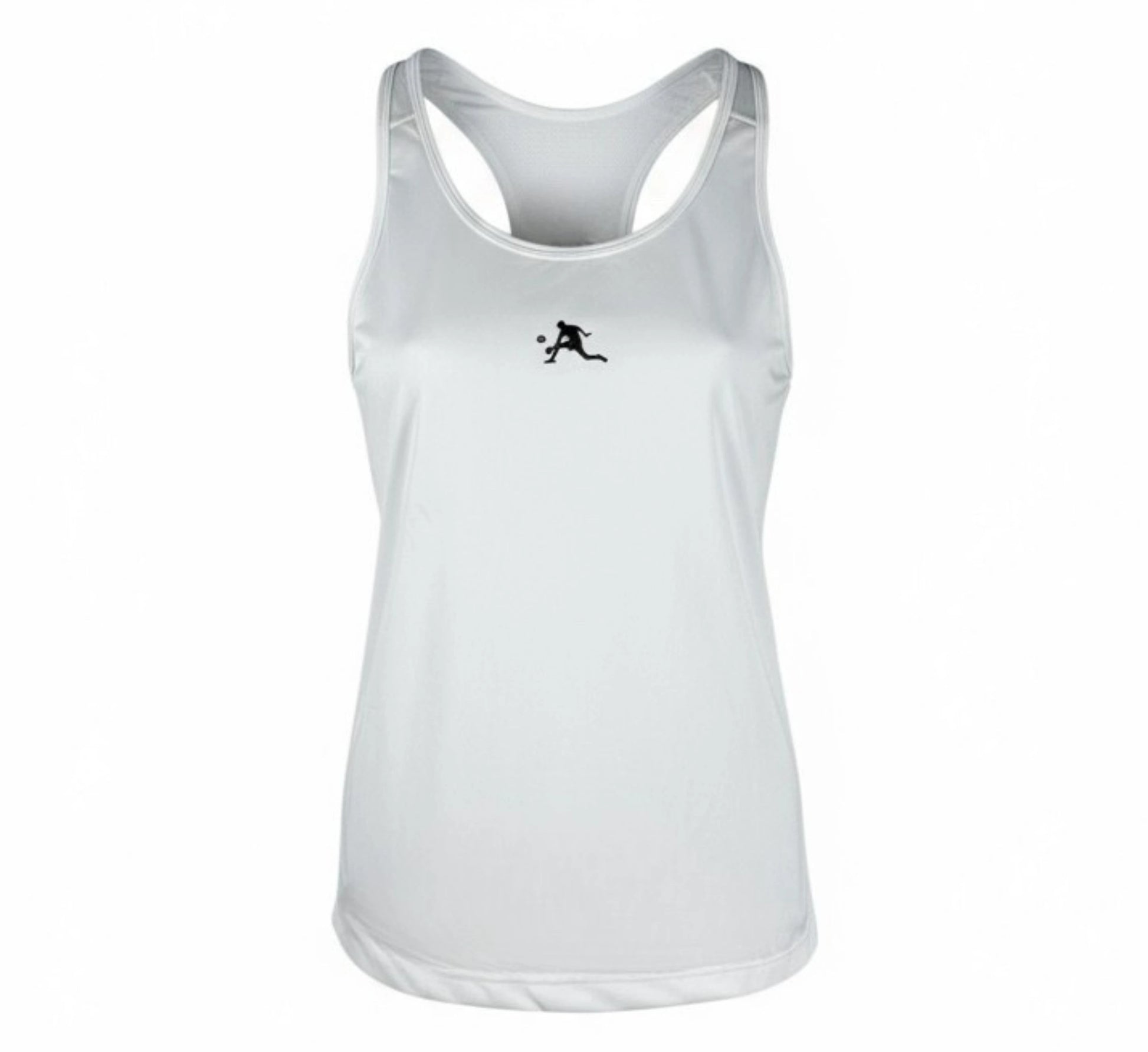 White tank top with a black logo on a white background