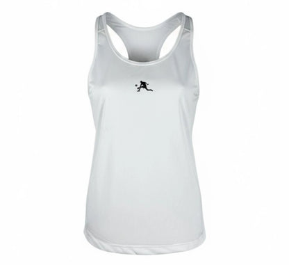 White tank top with a black logo on a white background