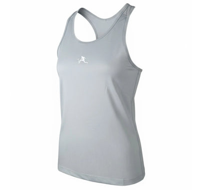 Light gray tank top with a white logo on a white background