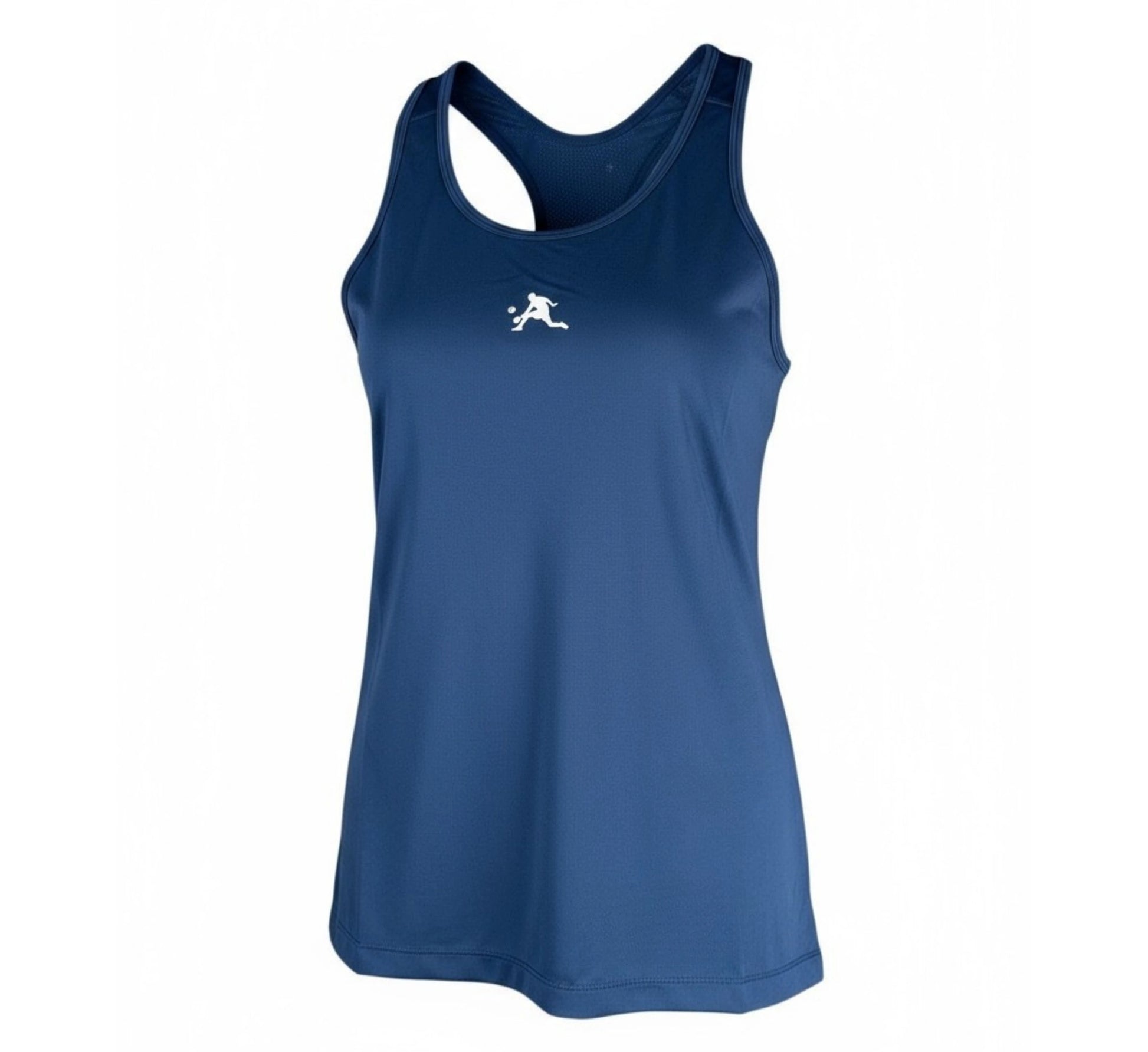Blue tank top with a white logo on a white background