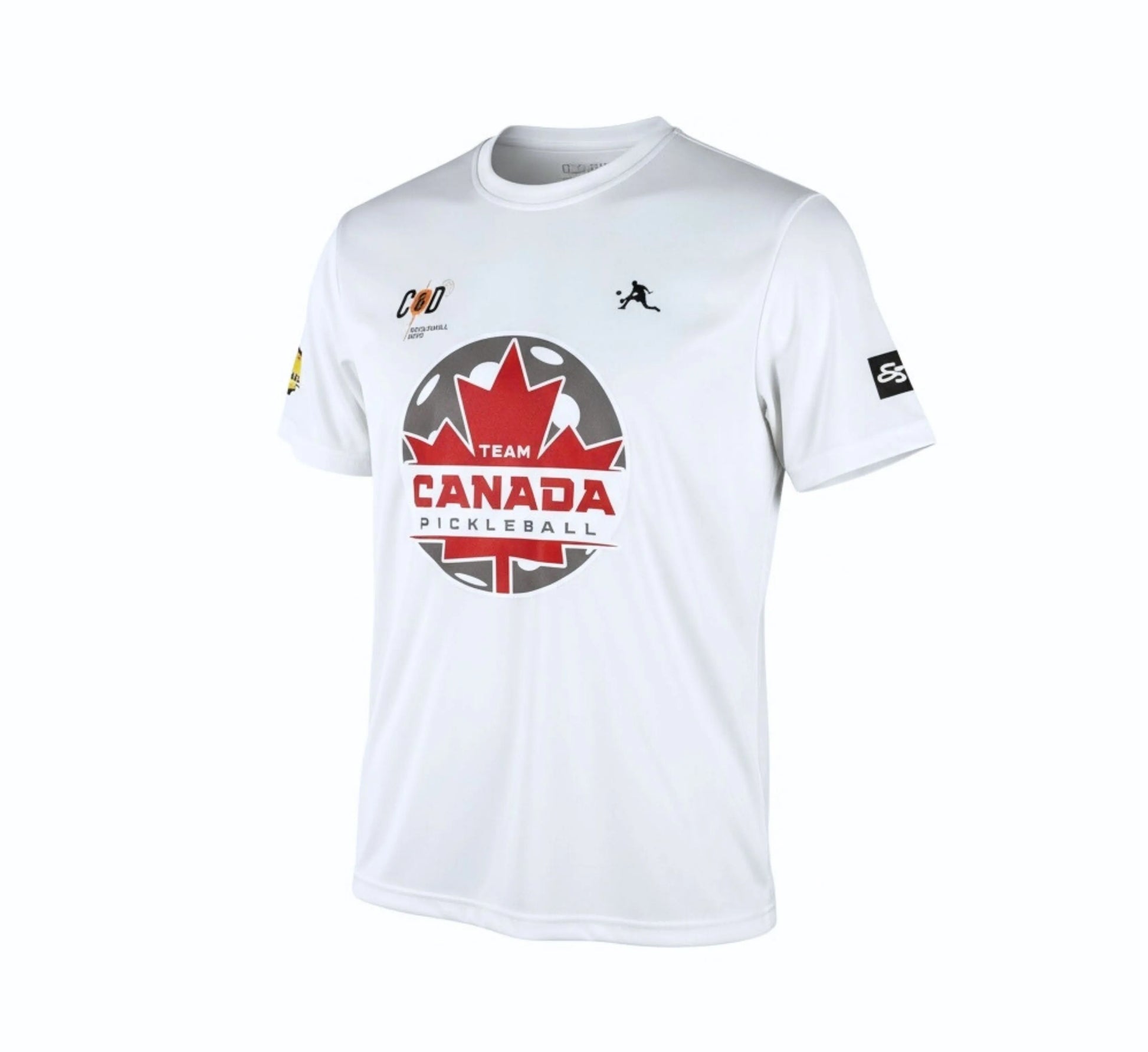 White t-shirt with Team Canada Pickleball logo on a white background