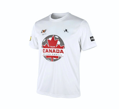White t-shirt with Team Canada Pickleball logo on a white background