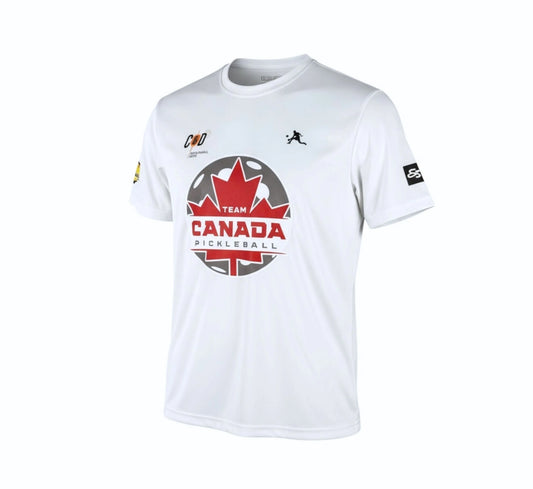 White t-shirt with Team Canada Pickleball logo on a white background