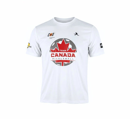 White t-shirt with Team Canada Pickleball logo on a white background
