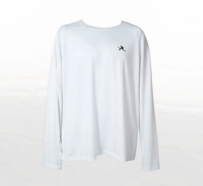 White long-sleeve shirt with a small black PBALL logo on a white background Blanc