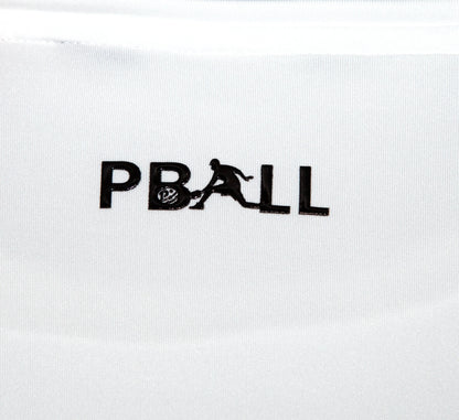 black PBall logo with a silhouette of a pickleball player on a White background Blanc