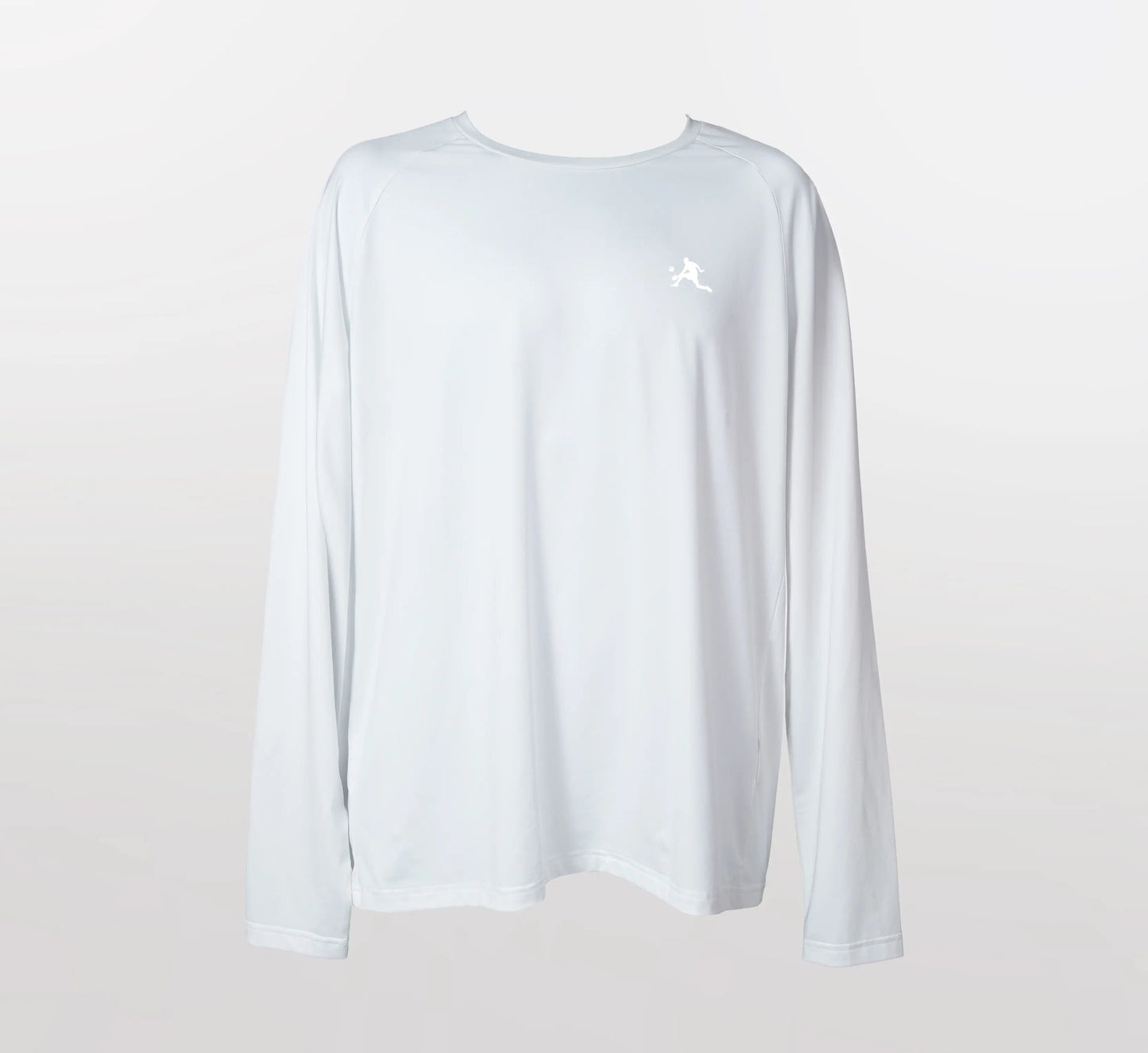 White long-sleeve shirt with a small logo on a light gray background Blanc