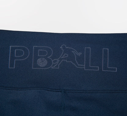 Navy blue biker shorts with PBALL logo on a white background