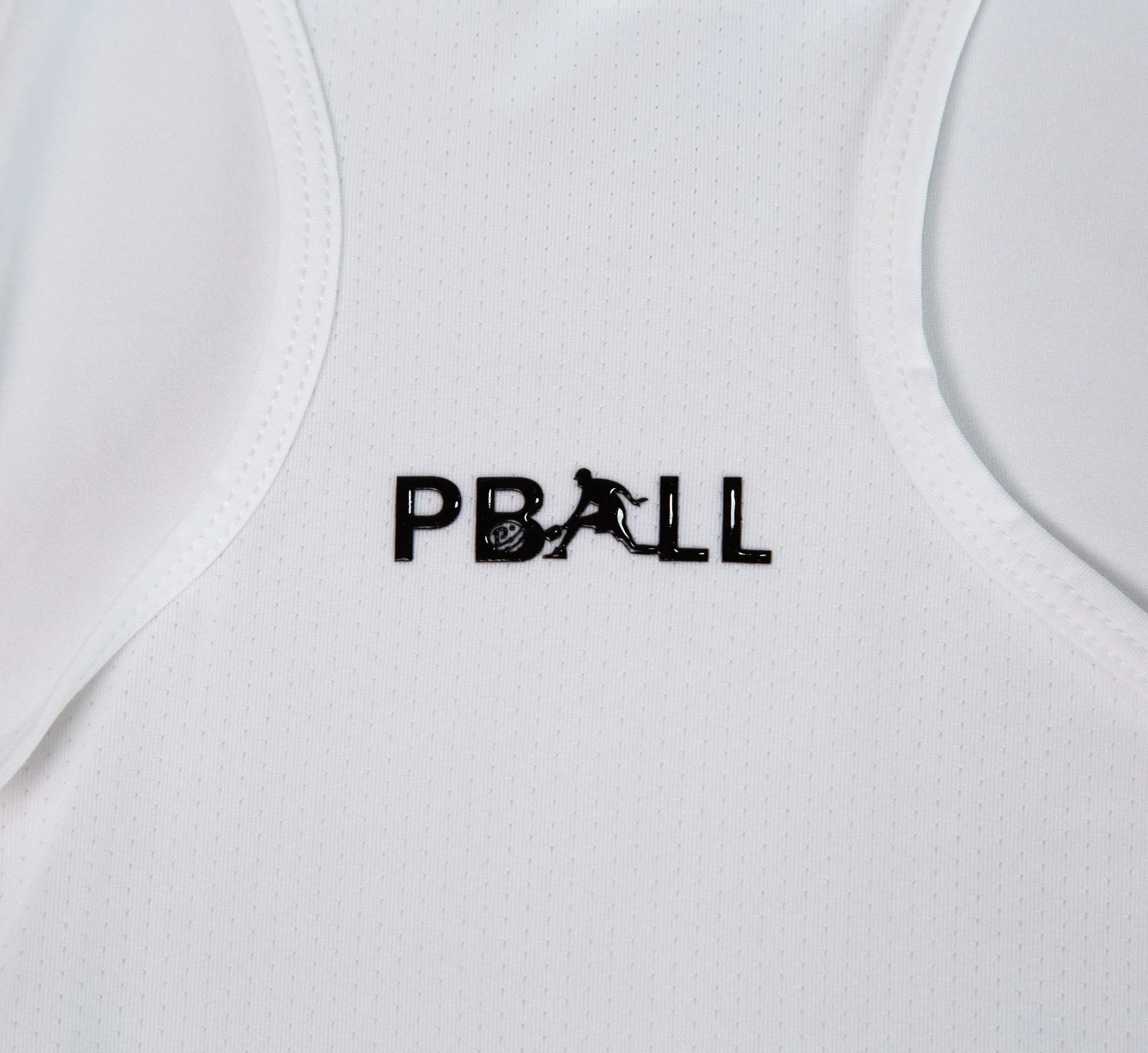 White tank top with PBALL logo on a white background Blanc