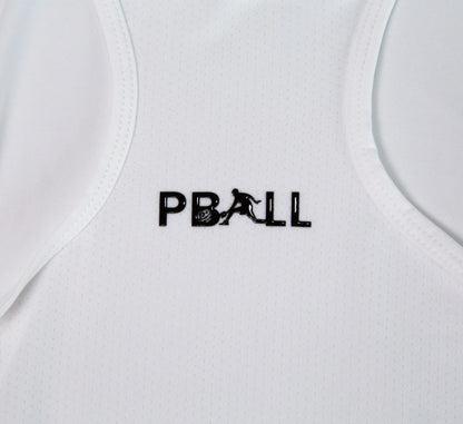 White tank top with PBALL logo on a white background Blanc