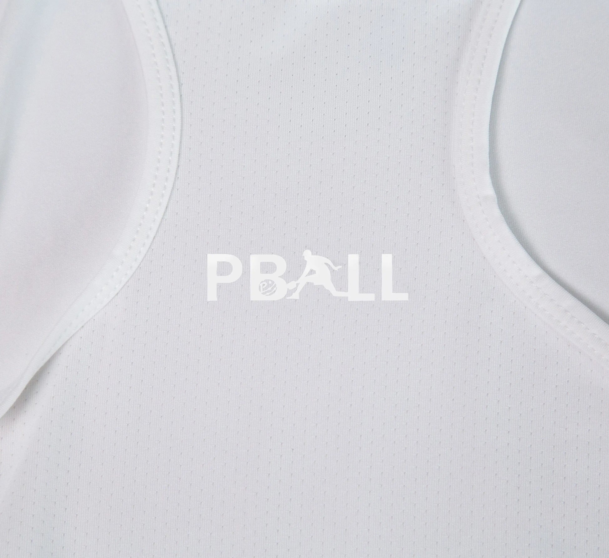 White tank top with PBALL logo on a white background Blanc