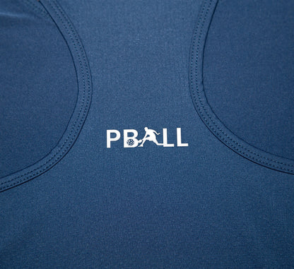 Blue athletic tank top with a white logo on a blue background Bleu