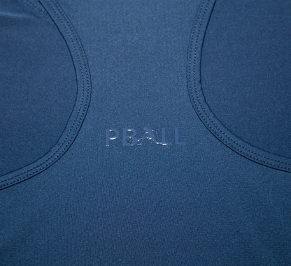 Close-up of a Blue tank top with PBALL branding Bleu