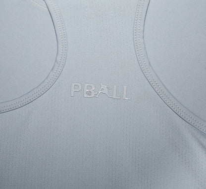 Light Grey fabric with PBALL logo on a close-up of a garment Gris