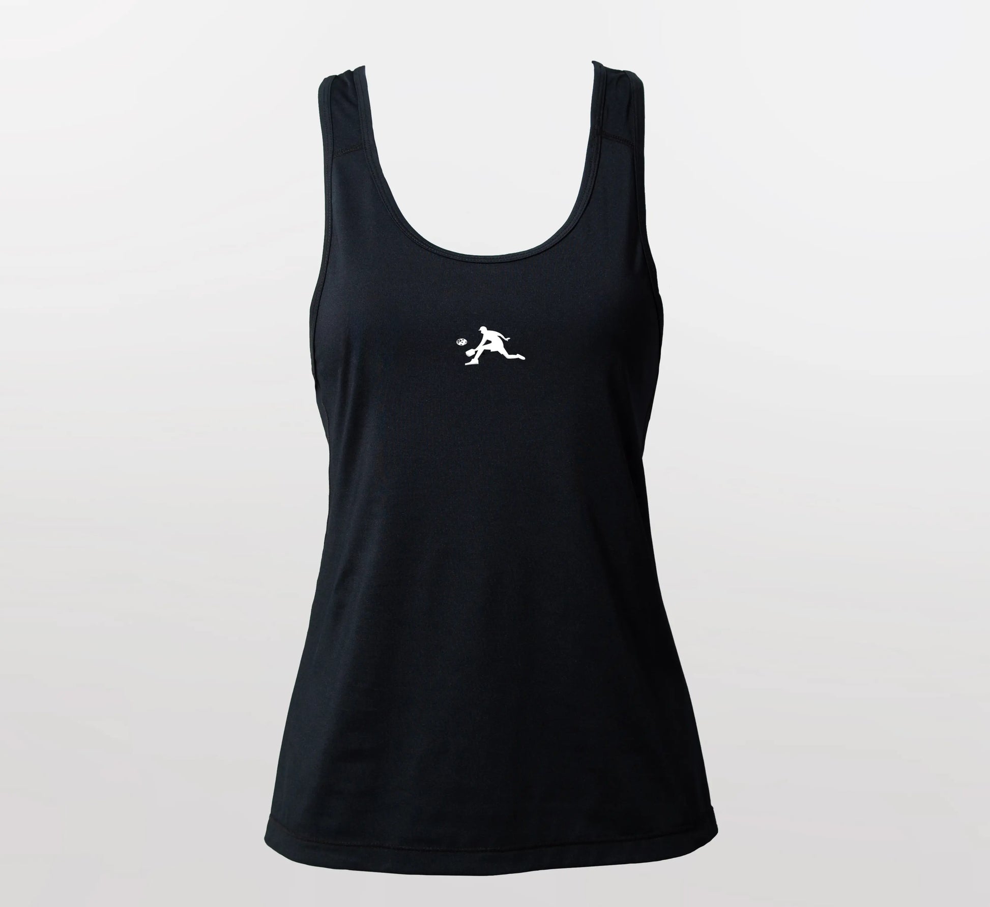 Black tank top with a white logo on a light gray background Noir