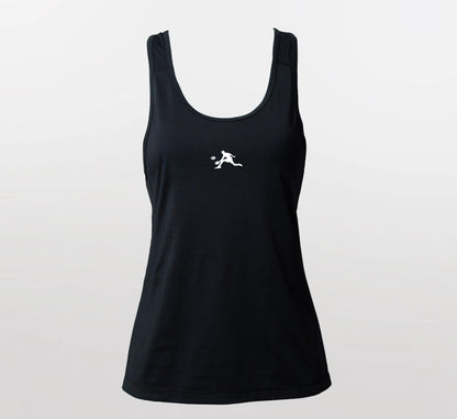 Black tank top with a white logo on a light gray background Noir