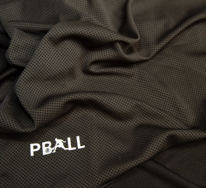 Black towel textured fabric with Pball logo on a close-up view Noir