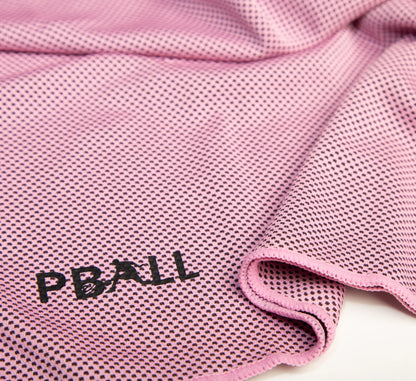 Pink textured towel fabric with PBALL branding on a white background Rose