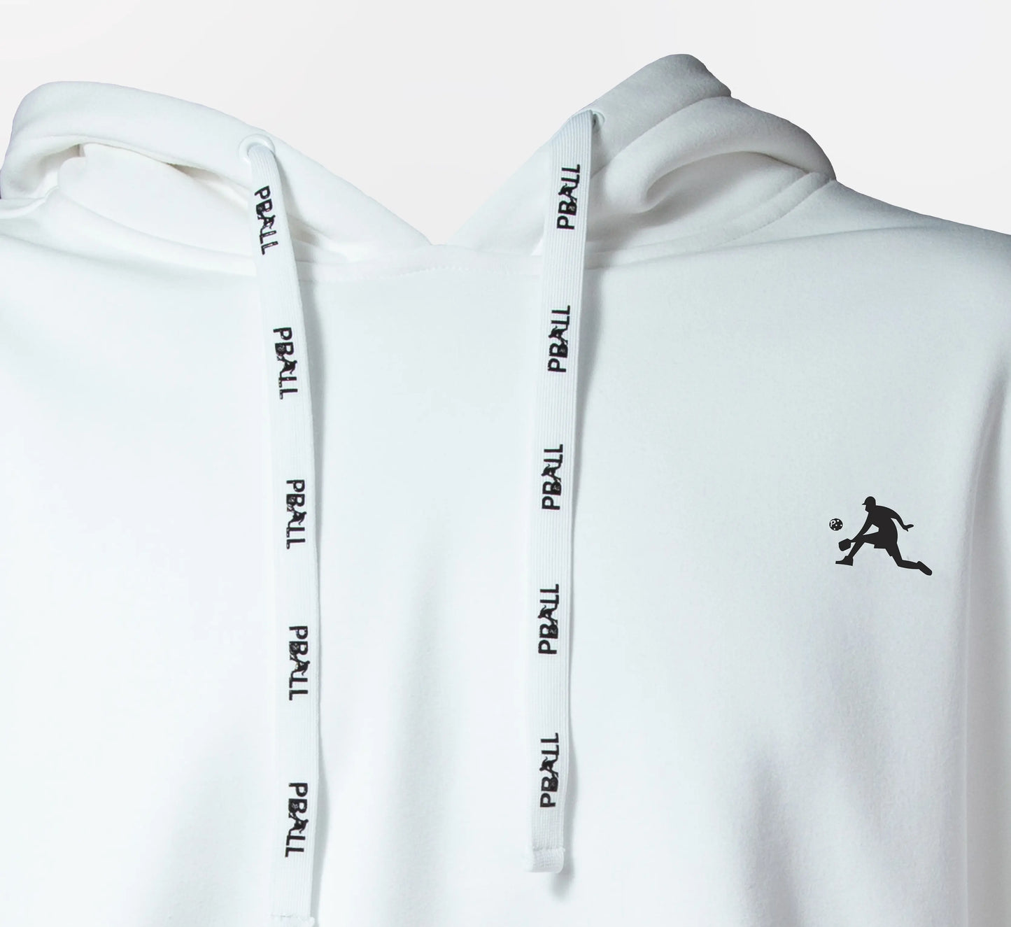 White hoodie with black logo on a white background Blanc