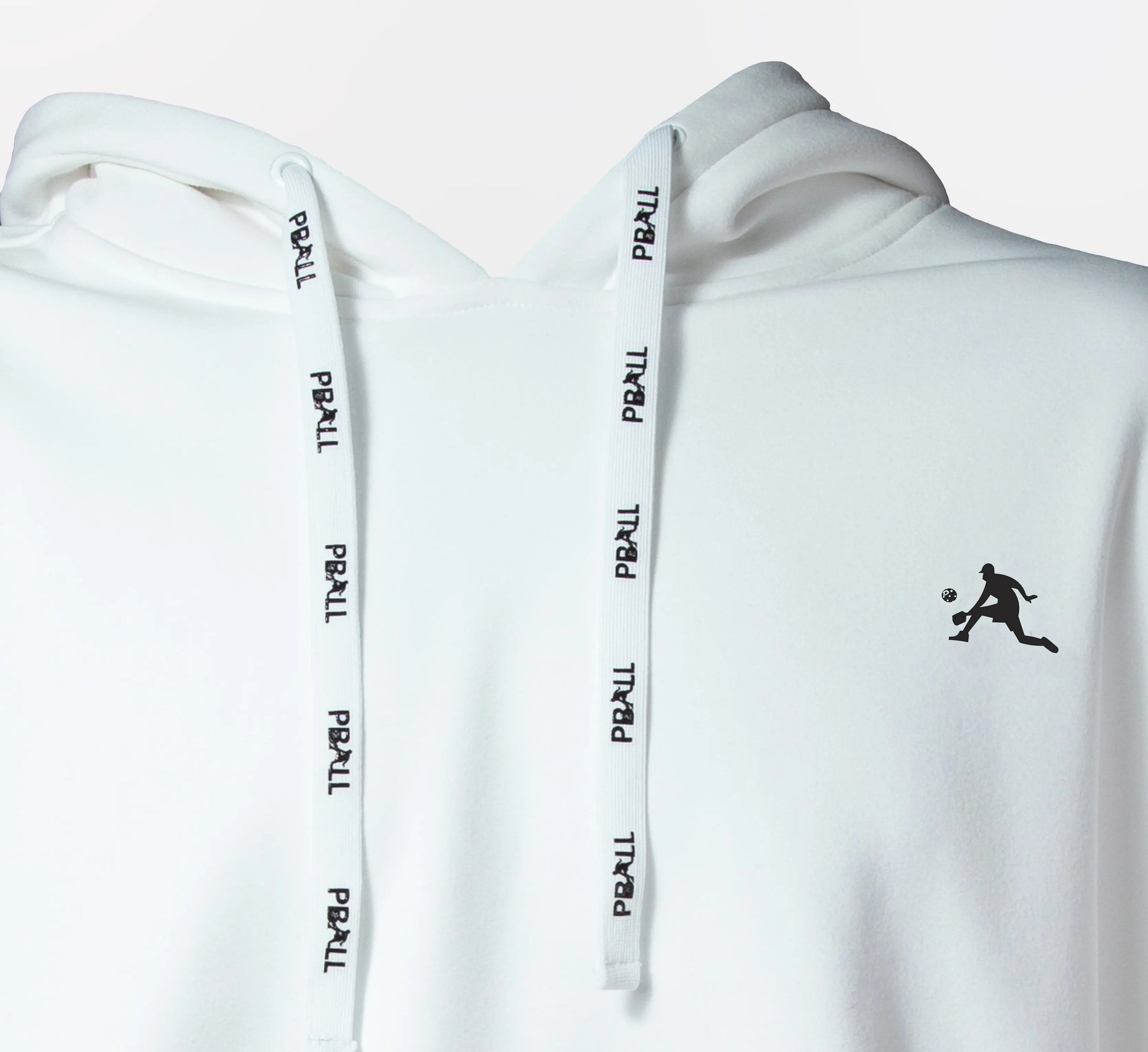 White hoodie with black logo on a white background Blanc