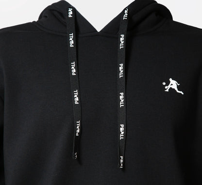Black hoodie with white logo and PRALL branding on black drawstrings against a gray background Noir
