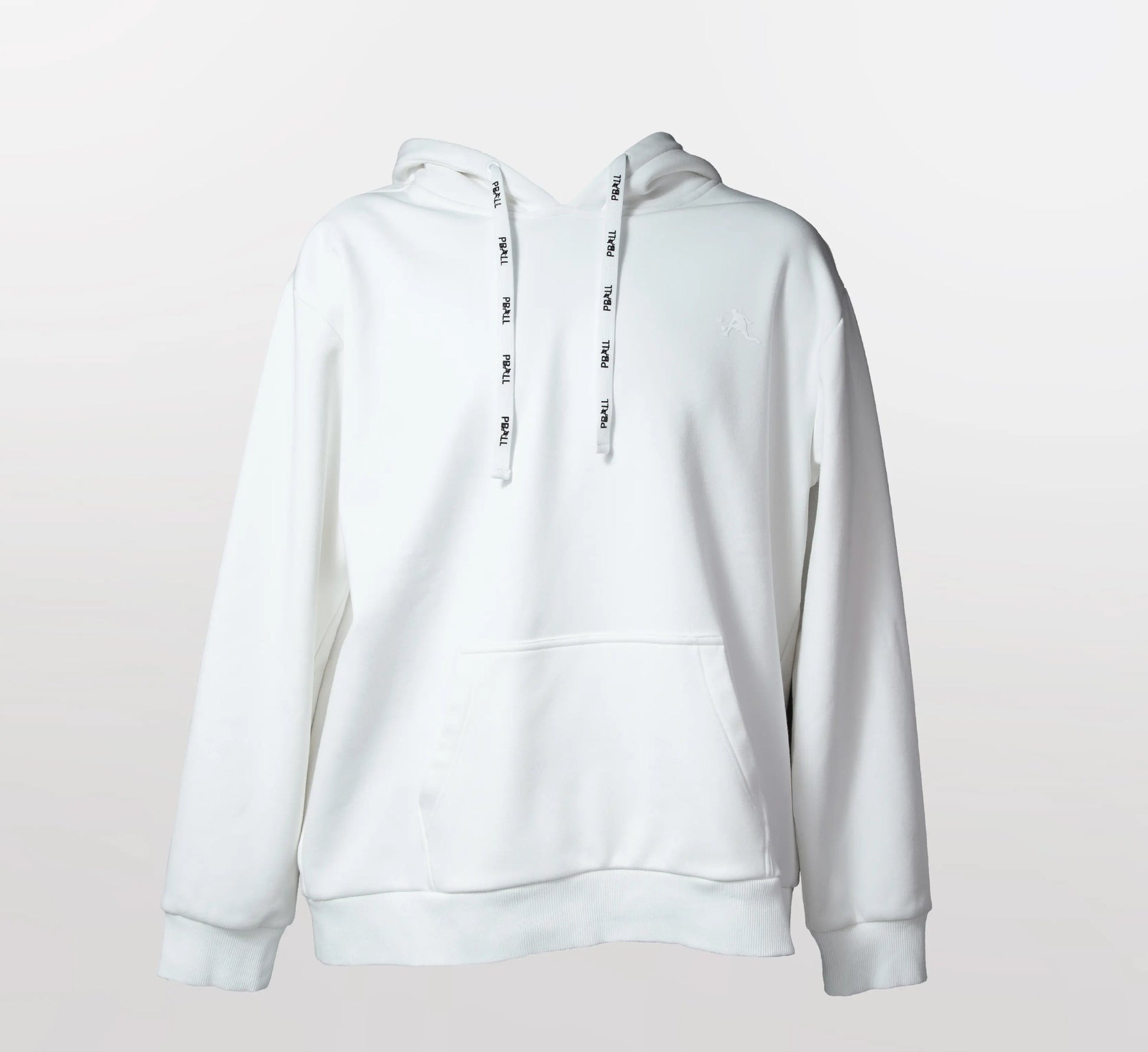 White hoodie with PBALL logo on a light background Blanc