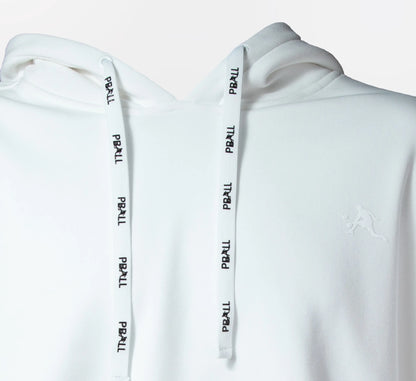 White hoodie with PBALL branding on the drawstrings against a white background Blanc
