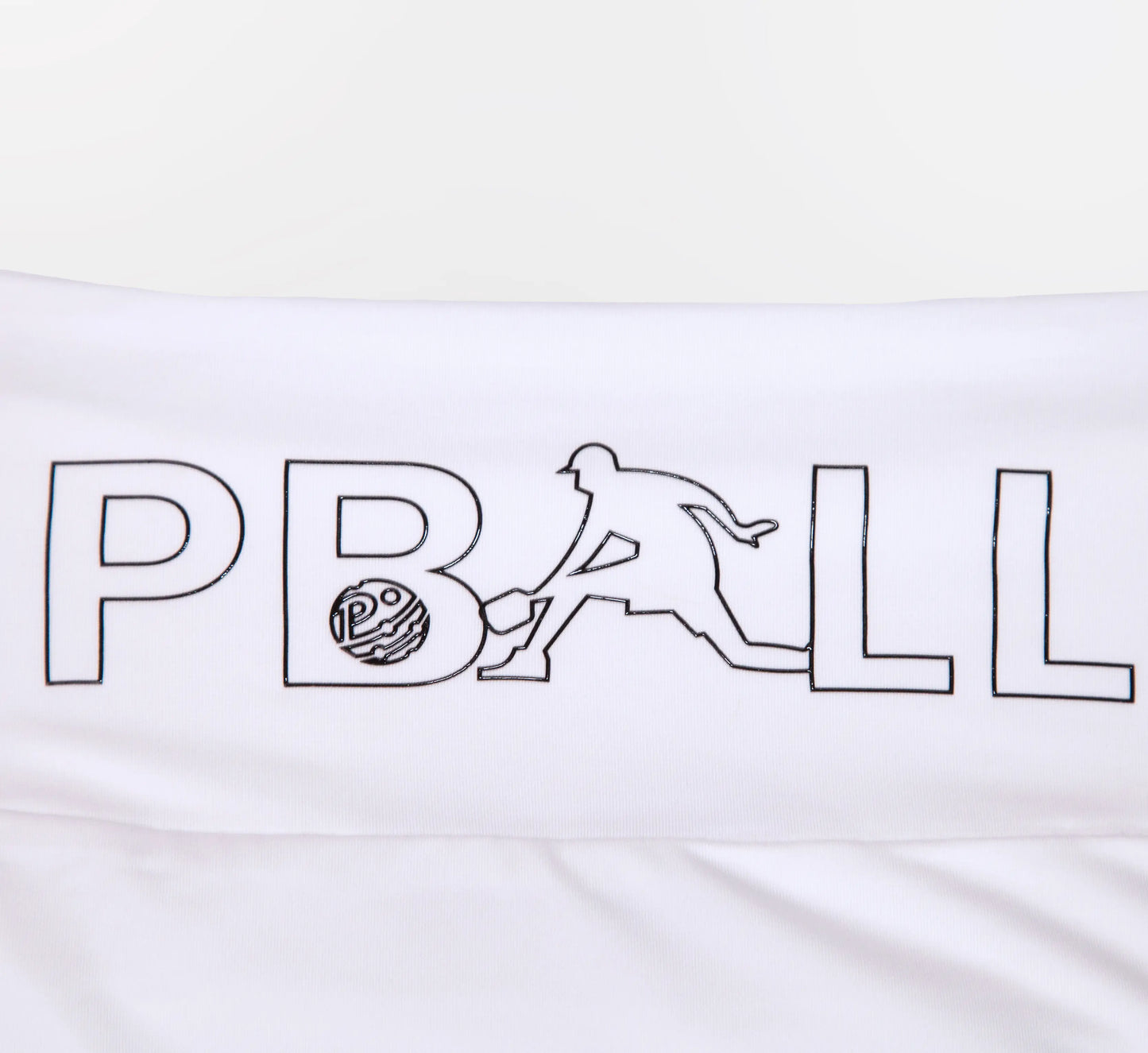 White skirt with PBALL logo featuring a silhouette of a pickleball player on a white background Blanc