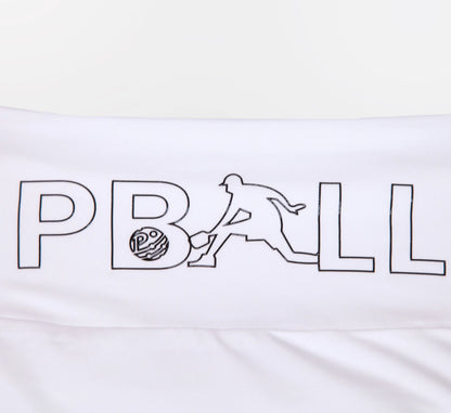 White skirt with PBALL logo featuring a silhouette of a pickleball player on a white background Blanc