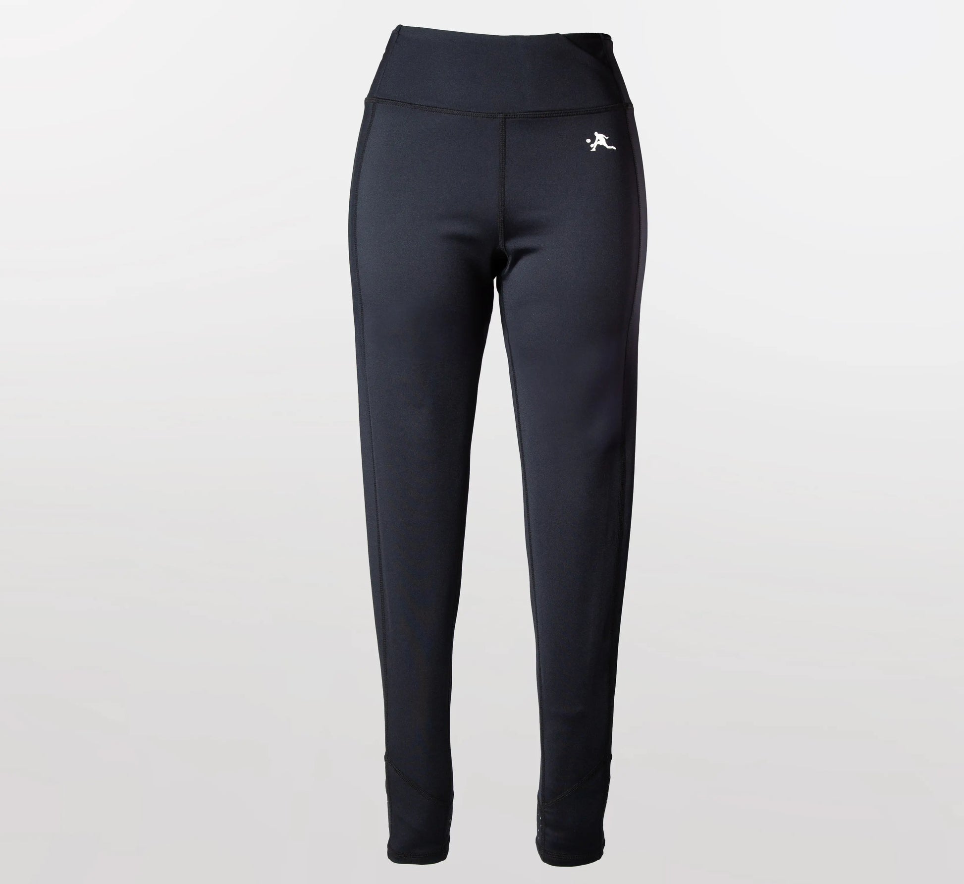 Black leggings with a white logo on a light gray background