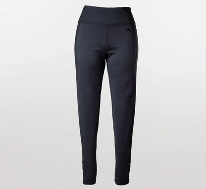 Black leggings with a small logo on a light gray background