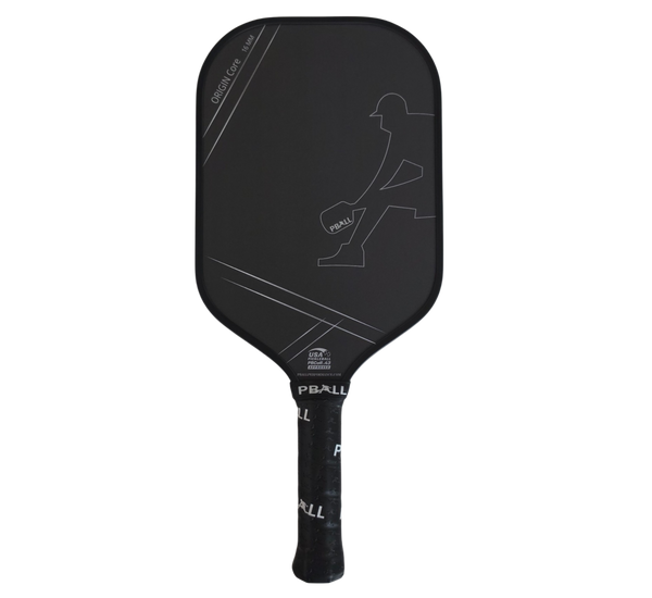 Black PBALL Origin Core pickleball paddle on a transparent background with the PBALL logo on the paddle