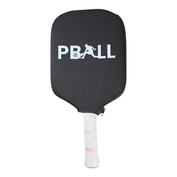 A black pickleball paddle cover with a white 'PBALL' logo printed on the front, shown on a solid white background.