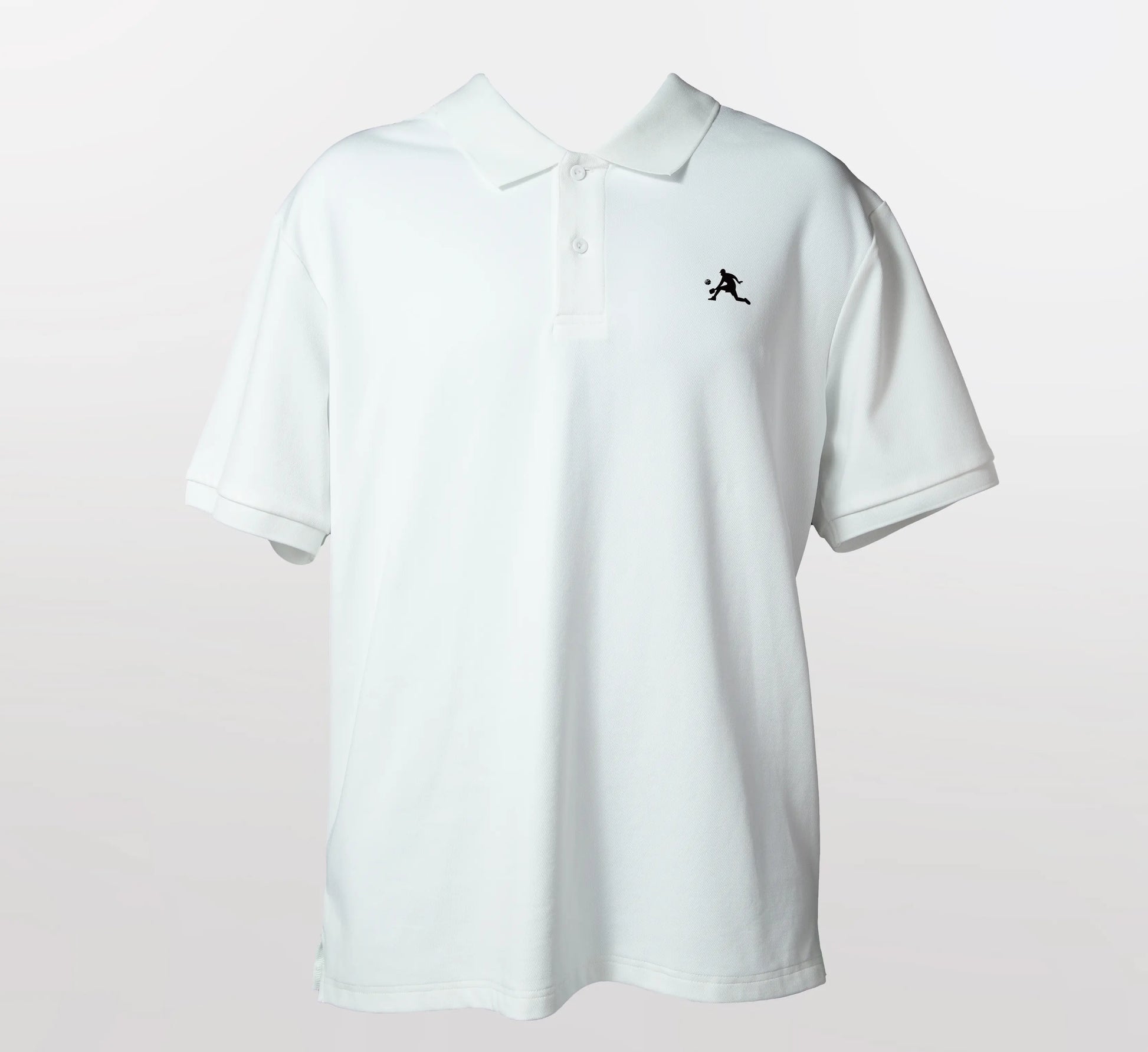 White polo shirt with a small black PBALL logo on a light gray background Blanc