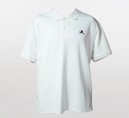 White polo shirt with a small black PBALL logo on a light gray background Blanc