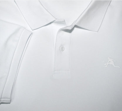 Close-up of a White polo shirt with a small PBALL logo on a light gray background Blanc