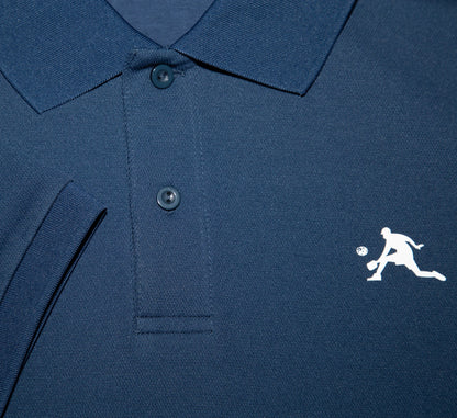 Close-up of a Blue polo shirt with a white PBALL logo on the chest Bleu
