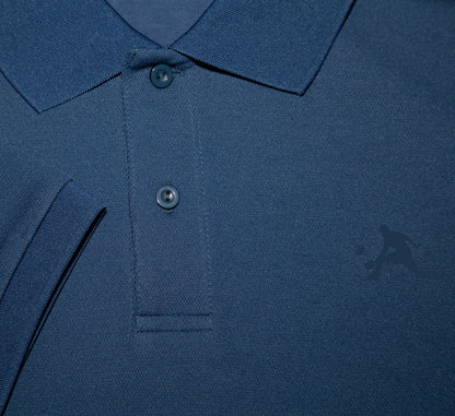 Close-up of a Blue polo shirt with buttons and a PBALL logo Bleu