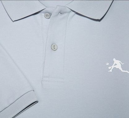 Light Grey polo shirt with a white PBALL logo on a white background Gris
