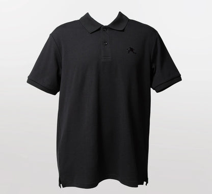 Black polo shirt with a small PBALL logo on a light gray background Noir