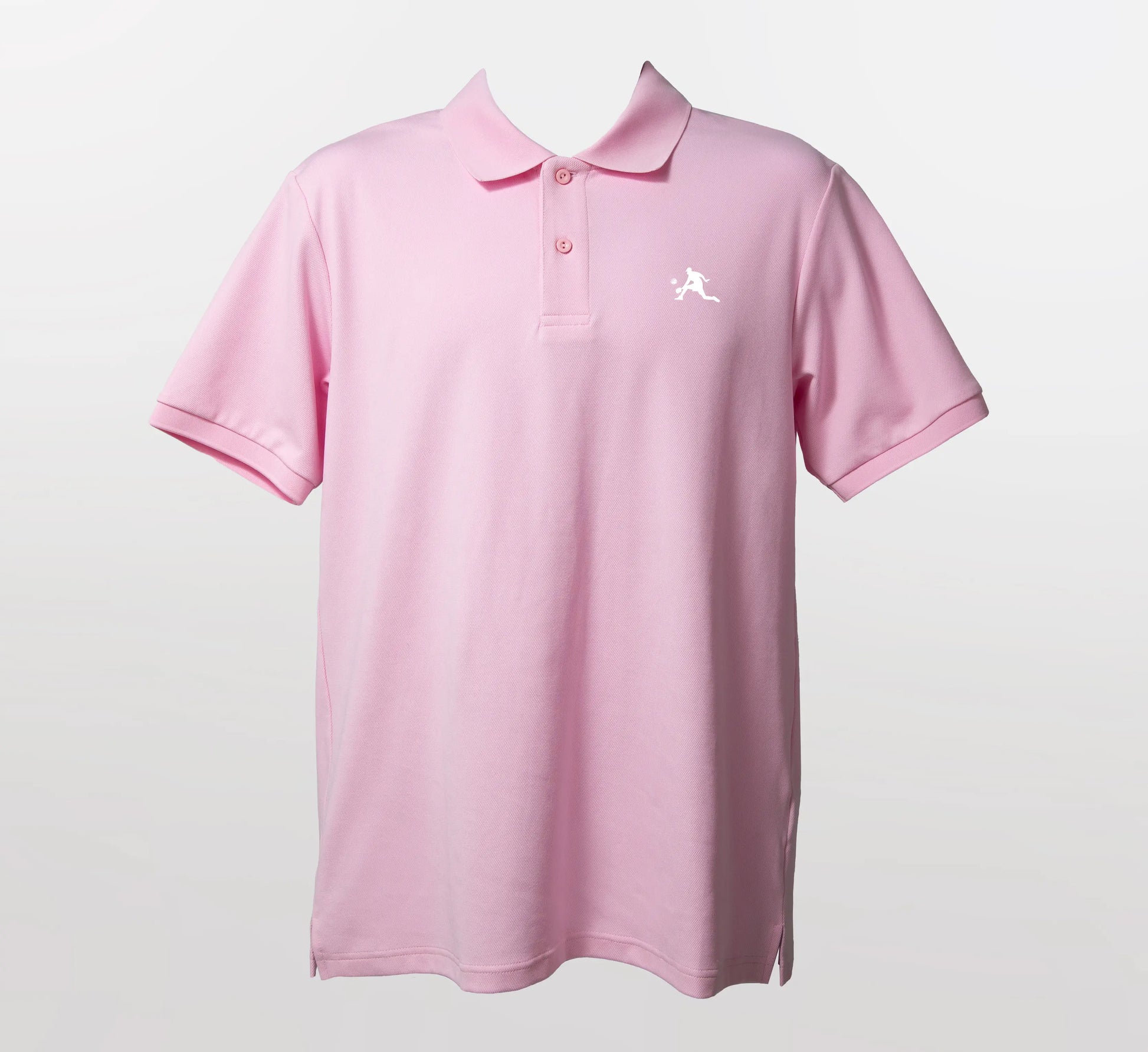 Pink polo shirt with a white logo on a light gray background Rose