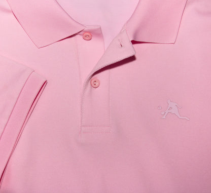 Close-up of a Pink polo shirt with a PBALL logo on a pink background Rose