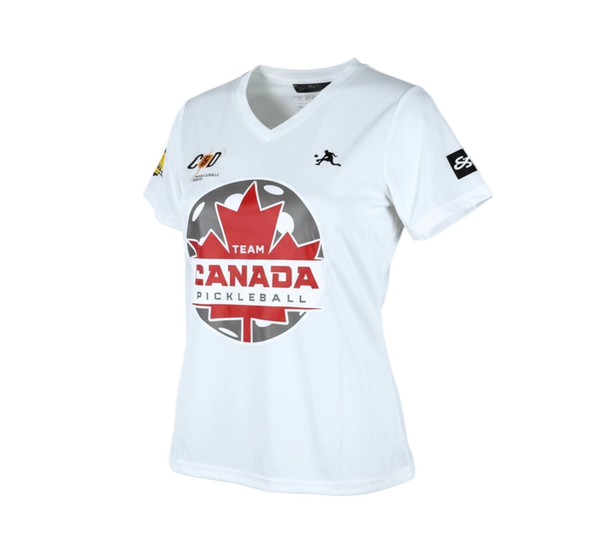 A white short-sleeve V-neck pickleball jersey featuring a large 'Team Canada Pickleball' logo with a red maple leaf on the front, and sponsor logos on the sleeves.
