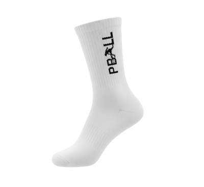 A single white crew sock with a black vertical 'PBALL' logo printed on the side, shown against a solid white background.