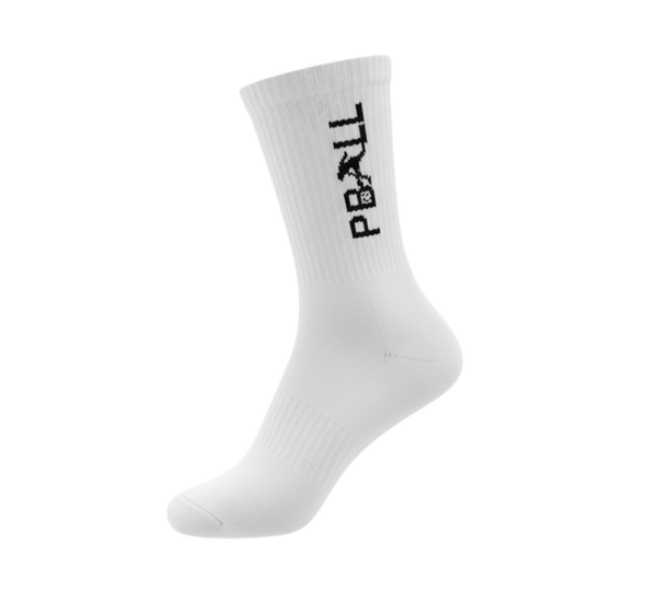 A single white crew sock with a black vertical 'PBALL' logo printed on the side, shown against a solid white background.