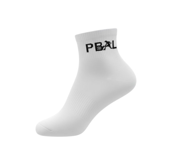 A single white ankle sock with the black text 'PBAL' printed on the cuff, shown against a solid white background.