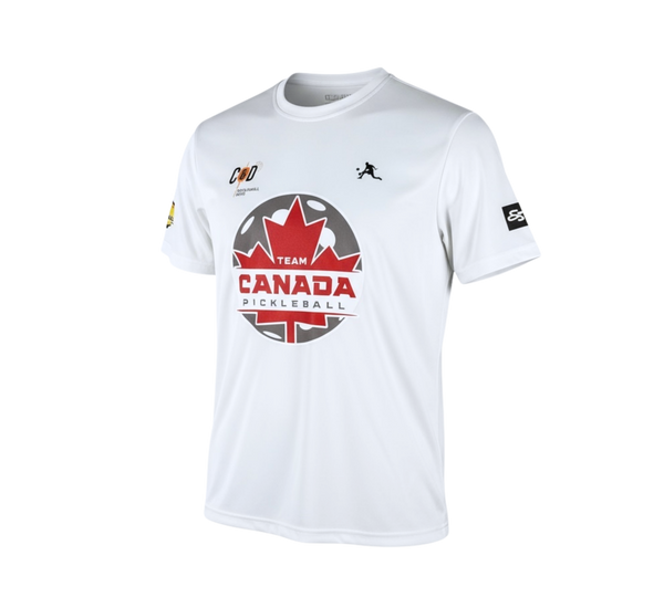A white short-sleeve athletic t-shirt featuring a 'Team Canada Sickleball' logo on the chest with a red maple leaf and Union Jack details, alongside a Jordan brand logo on the right chest and a black sleeve patch.