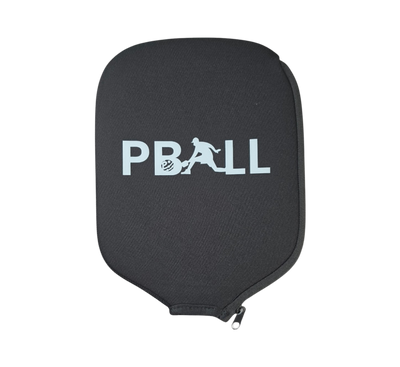 A black neoprene protective pickleball paddle cover with a white 'PBALL' logo printed on the front, featuring a zippered closure at the bottom, shown against a plain white background.