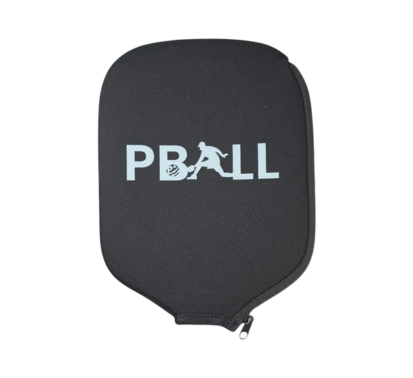 A black neoprene protective pickleball paddle cover with a white 'PBALL' logo printed on the front, featuring a zippered closure at the bottom, shown against a plain white background.